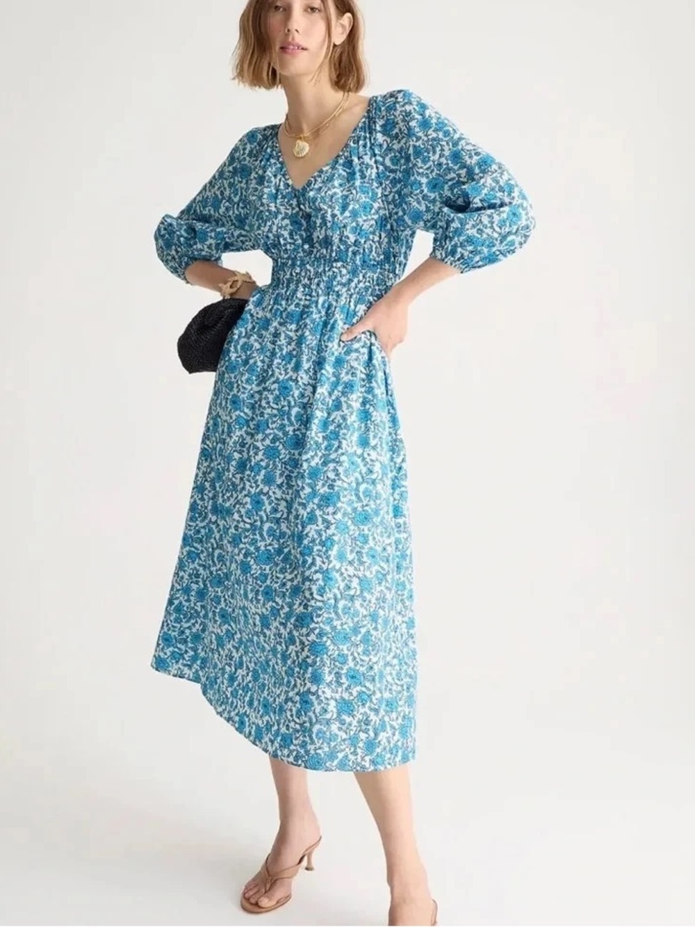 J.Crew V-Neck Midi Dress in Blue Blooms Blockprint